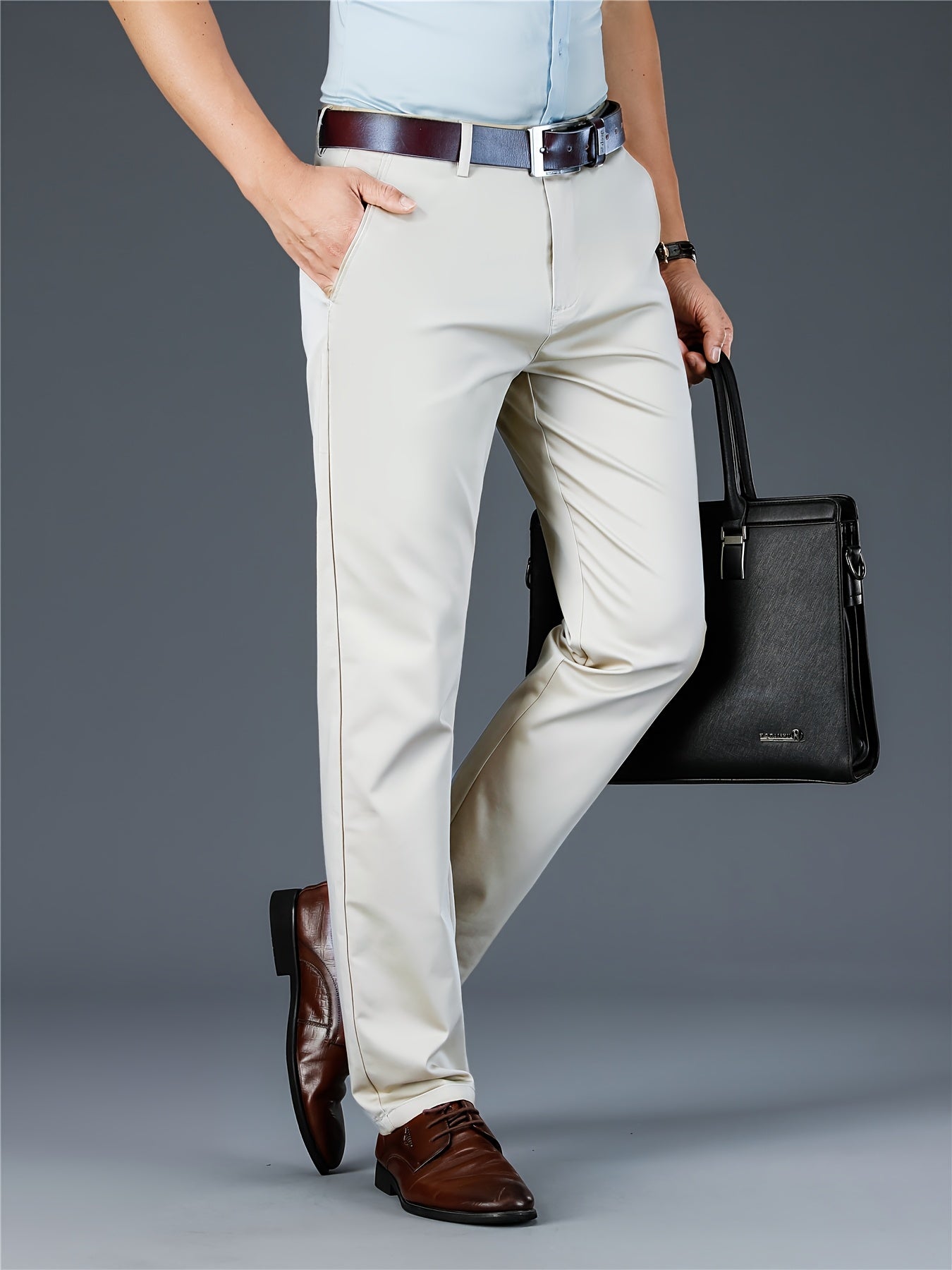 [Durable Build] Men's All-Season Casual Dress Pants - Business Style Stretch Trousers, Comfortable Classic Design, Light Brown Polyester Blend, Machine Washable, Smooth Finish, Regular Fit for Office or Leisure Wear