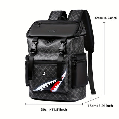 Men'S Stylish Black Backpack with Shark Graphic - Lightweight, Large Capacity, Multi-Functional Shoulder Bag for Travel, Commuting, School - Durable PVC Material, Sports & Fitness Design, Backpack for Travel