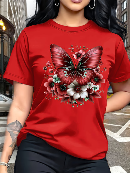 Circle Chic Butterfly Print T-Shirt - Exquisite Design, Casual Round Neck Top - Breathable and Lightweight, Perfect for Spring/Summer Wardrobe