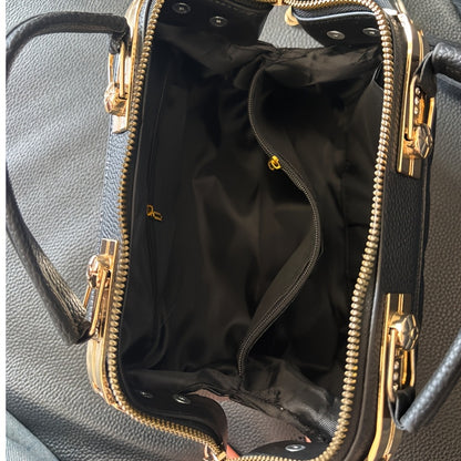 Black Quilted Boston Bag with Golden-Tone Hardware & Adjustable Strap - Elegant Heart Rhinestone Charm, Pattern, and Stylish Stud Details for Wo