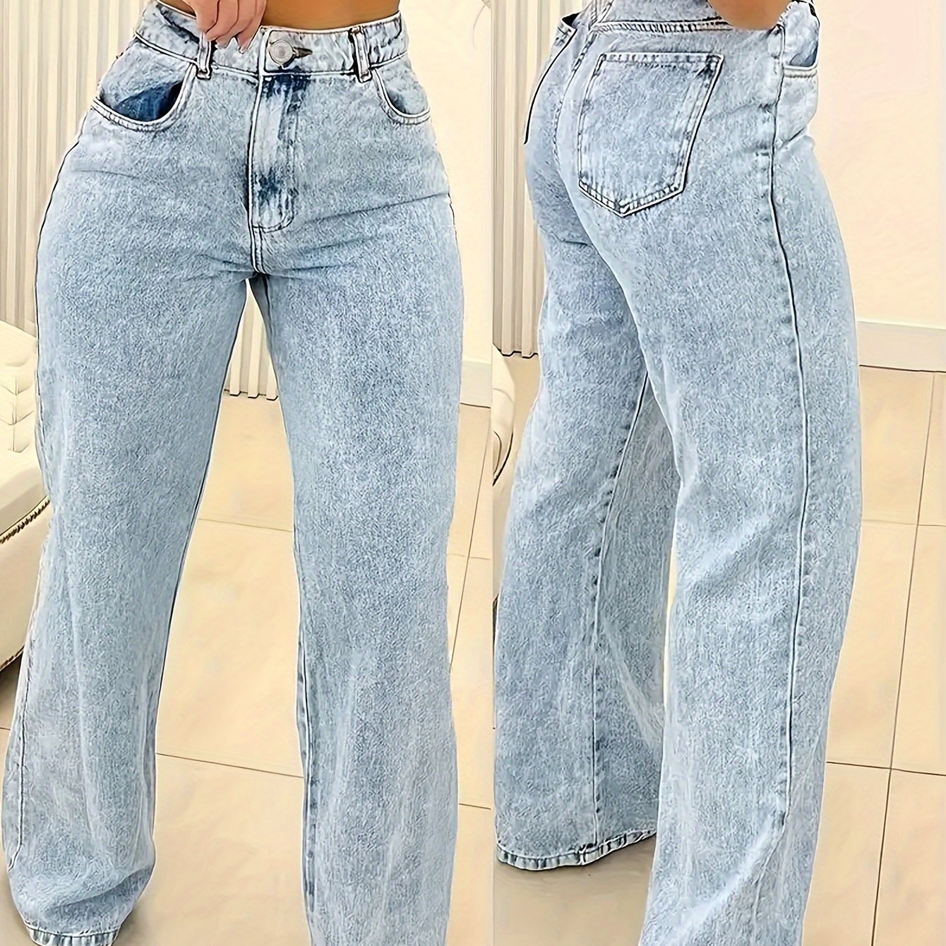 Women's High-Waist Straight-Leg Jeans - Casual Light Blue Denim with Raw Hem, Slash Pockets, and Button Closure, Machine Washable