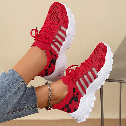 Women's Fashion Leopard Print Lace-Up Sneakers, Breathable Mesh Walking Shoes for Spring/Summer, Lightweight Comfortable Casual Sports Control Footwear with PVC Sole and Microfiber Insole