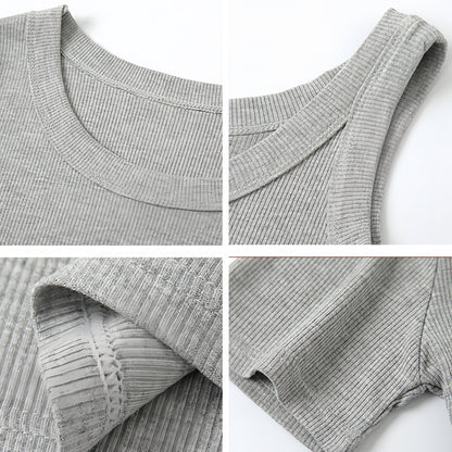 1pc Women'S Casual Ribbed Tank Top, Solid Color Knit Vest with Side Stripe Detail, Low Neck Polyester Camisole for All Seasons, Versatile Layering Piece