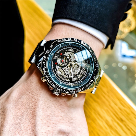 Fashion Statement, Men's Luxury Automatic Mechanical Watch - Elegant Stainless Steel Band, Multi-Function with Sun, Moon, and Stars Display, Transparent Back for Sophisticated Style