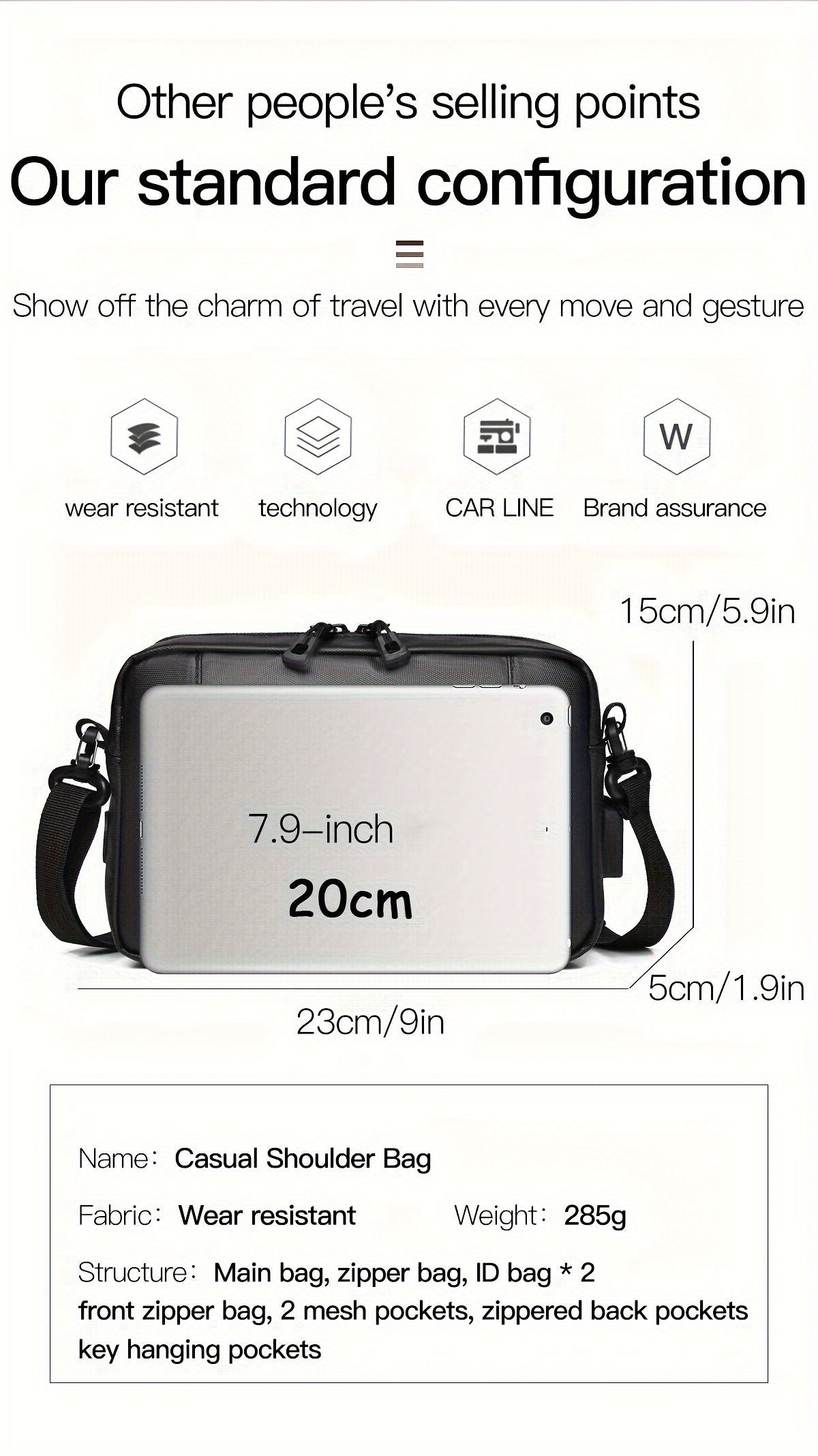 WEIXIER Men's Casual Nylon Handbag - Large Capacity with Adjustable Wrist Strap, Sleek Black for Daily Use, Valentine's Day Gift for Him, Outdoor Bag | Casual Style | Nylon Material