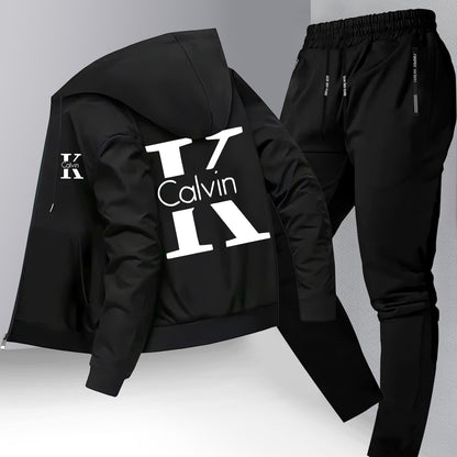 Men's Trendy Autumn/Winter Hooded Jacket and Shirt Two-Piece Set with CK Print, Casual Business Outfit, Youth Leisure Baseball Uniform Stand Collar Suit