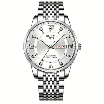 1pc Men'S Business Style Roman Dial Quartz Watch with Luminous Date and Day Display, Stainless Steel Alloy Strap, IPX7 Waterproof, Battery Operated, Elegant Fashion Accessory + Box