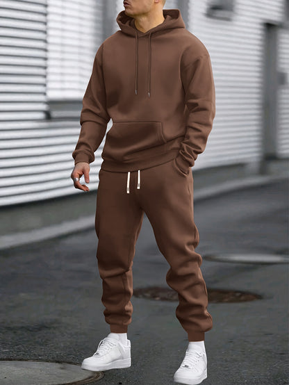 1set Men'S Casual Sports Suit, Polyester Hooded Sweatshirt and Jogger Pants Set, Solid Color, Elastic Waist, Cuffed Ankles, Knit Pullover with Pockets, Regular Fit for Outdoor Running and Jogging - Spring/Autumn Collection