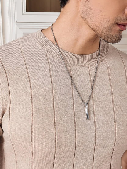 Men's Slim Fit Striped Textured Knit Crew Neck T-Shirt - High Elasticity Short Sleeve Casual Top for Spring/Autumn, Breathable Daily Leisurewear, Spring Fashion, Classic Style, Durable Construction, Pullover Shirt, Stylish Me