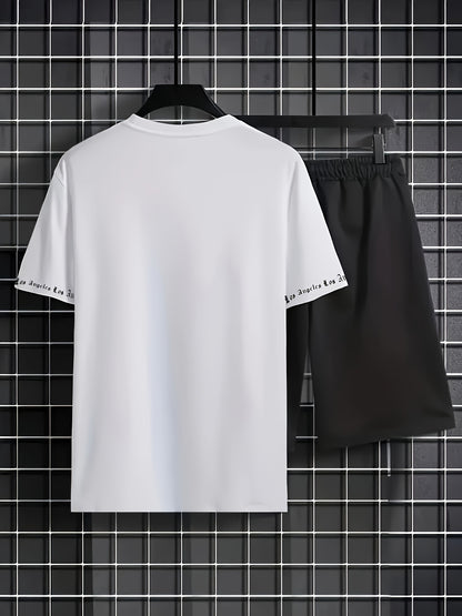 Men'S Los Angeles Graphic Print Casual Sportswear Set - Breathable Summer Short Sleeve T-Shirt & Drawstring Shorts with Pockets, Regular Fit, Crew Neck, Comfortable & Stylish for Casual Attire, Leisure Clothing | Trendy Sport