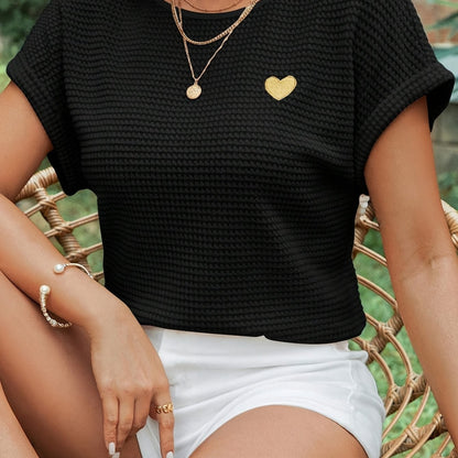 Women'S Black Knit Short Sleeve Top with Golden Heart Design - Casual Crew Neck, Spring/Summer Fashion, Casual Wear|Crew Neck Top|Knit Texture