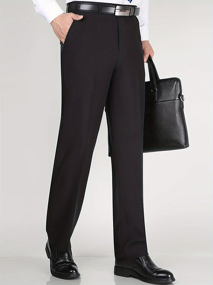 Men's Classic Straight Fit Pants - Lightweight Polyester Blend, High Waist, Button Closure, Suitable for Year-Round Wear