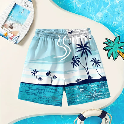 Boys' Tropical Beach Print Swim Shorts - Quick-Dry, Breathable Polyester with Elastic Waistband & Drawstring, Light Blue Palm Tree Design for Summer Fun & Surfing, Beach Shorts, Quickdry Fabric, for Outdoor