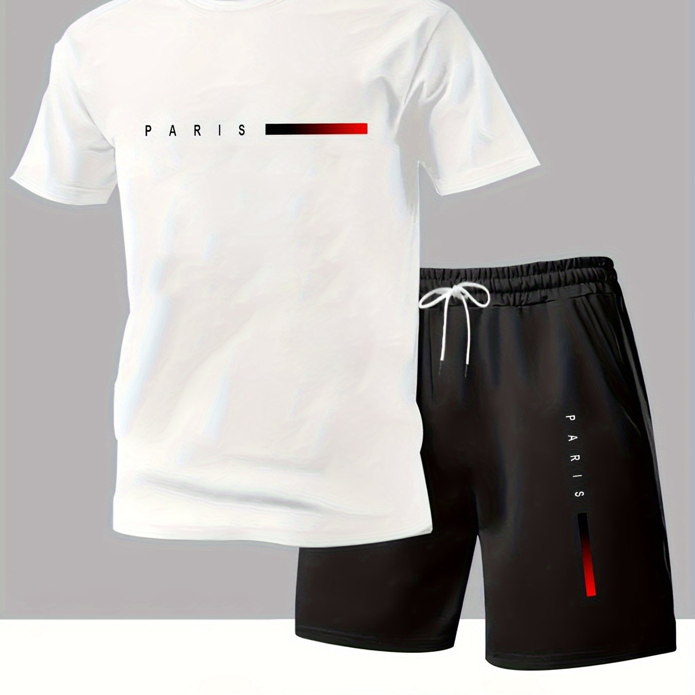 Paris Gradient Letter Print Men's Two-Piece Set: Crew Neck Short Sleeve T-Shirt and Drawstring Shorts Summer Casual Sportswear