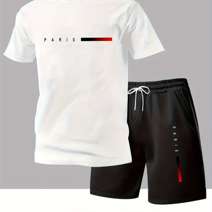 Paris Gradient Letter Print Men's Two-Piece Set: Crew Neck Short Sleeve T-Shirt and Drawstring Shorts Summer Casual Sportswear