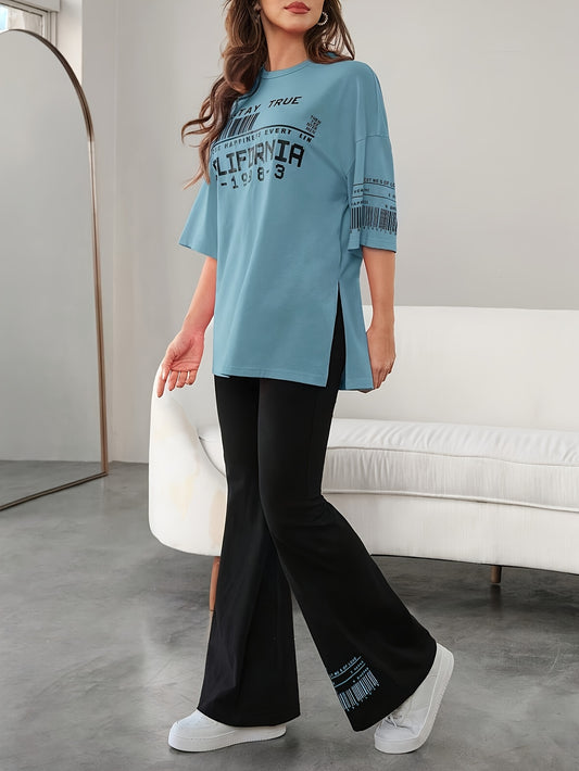 Women's Fashion Letter Print Round Neck Top and Pants Set
