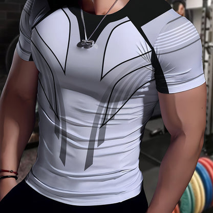 Men'S Slim Fit Breathable T-Shirt with Intricate Black & White Geometric Print - Moisture-Wicking Polyester-Spandex Blend, Machine Washable, Round Neck Short Sleeve for Summer Casual Wear, Gym, Hiking & Outdoor Activities