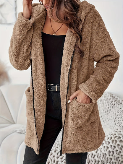 Women's Winter Elegant Solid Color Zipper Patch Pocket Long Sleeve Plush Hooded Coat