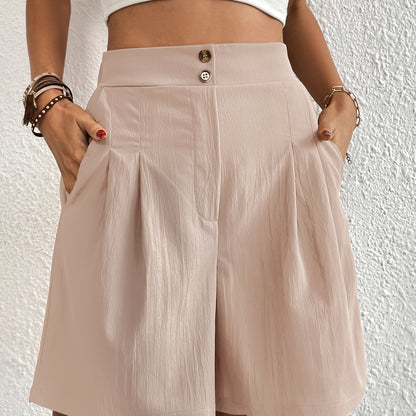 Women's Casual High-Waisted Wide-Leg Shorts with Elastic Waistband & Slant Pockets - Beige, Loose Fit, Solid Color, Perfect for Casual Attire, High Waisted Shorts