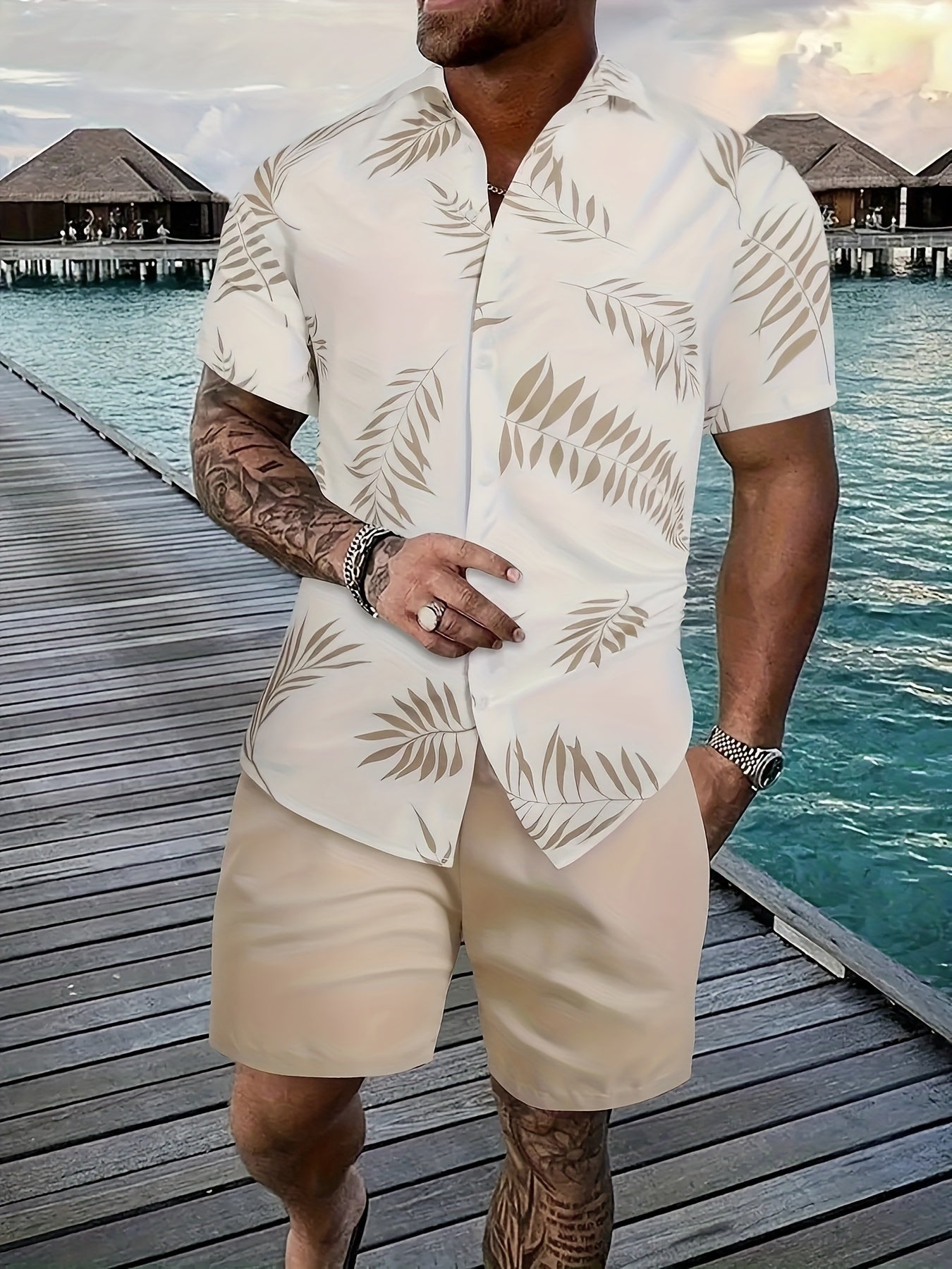 2-piece Men's Holiday Style Summer Outfit Set, Leafs Pattern Print Short Sleeve Button Up Lapel Shirt Top & Solid Drawstring Shorts With Pockets