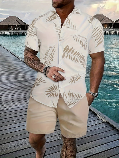 2-piece Men's Holiday Style Summer Outfit Set, Leafs Pattern Print Short Sleeve Button Up Lapel Shirt Top & Solid Drawstring Shorts With Pockets