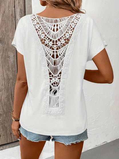 Women'S Elegant Lace Trim Short Sleeve T-Shirt - Chic White Top with Intricate Lace Detail, Round Neck, Lightweight Polyester for Spring/Summer Casual Wear, Ladies T Shirts