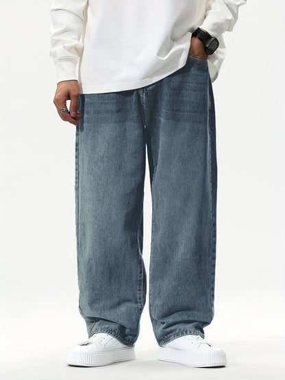 Men'S Casual Loose Fit Denim Jeans, 88.5% Cotton 8.5% Polyester 3% Rayon, All-Season Solid Color Washed Fabric, Regular Length, Non-Stretch Woven Denim Pants