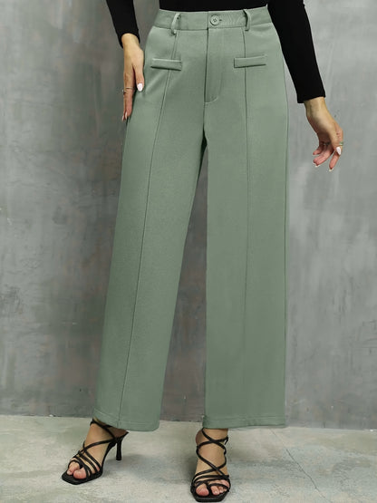 Women's Elegant High-Waist Light Blue Straight-Leg Pants - Polyester, Machine Washable, Faux Pocket Detail, Ideal for Fall/Winter, Autumn Winter Clothing | Elegant Casualwear | Smooth Texture