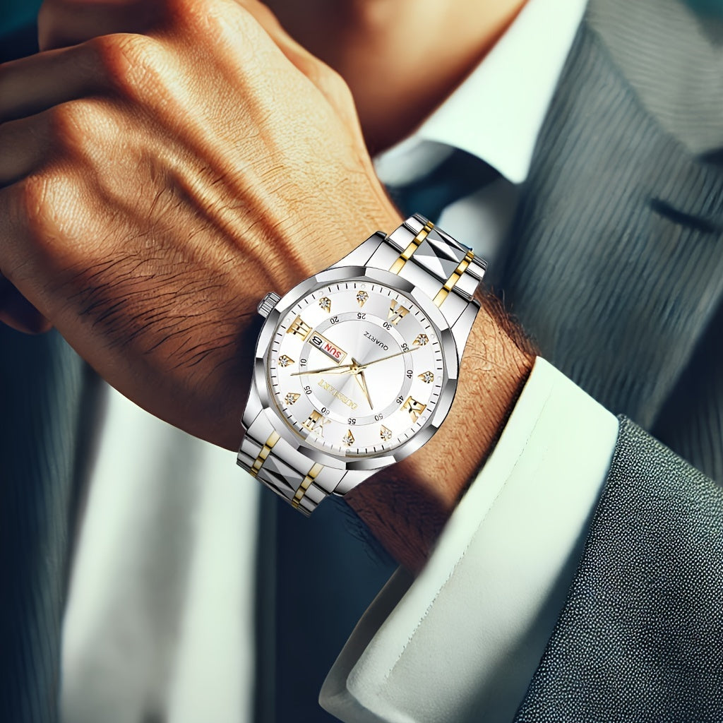 A Men'S Trendy Golden Alloy Luminous Business Casual Quartz Watch with a Steel Band.