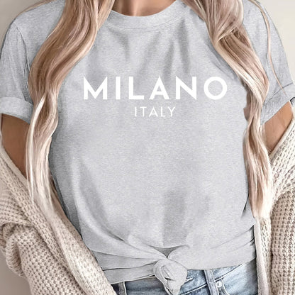 Women'S Casual Polyester T-Shirt with "Milano Italy" Letter Print, Short Sleeve Crew Neck Top, All-Season Knit Fabric Tee, Regular Length - 180gsm
