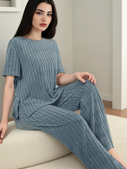 Women's Solid Ribbed Elegant Loose Fit Lounge Set, Short Sleeve Round Neck Top & Pants, Comfortable Relaxed Fit