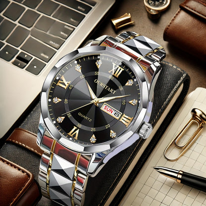 A Men'S Trendy Golden Alloy Luminous Business Casual Quartz Watch with a Steel Band.