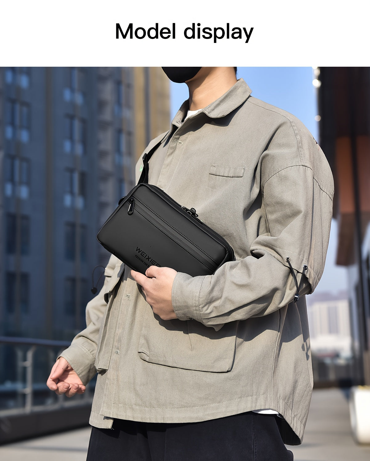 WEIXIER Men's Casual Nylon Handbag - Large Capacity with Adjustable Wrist Strap, Sleek Black for Daily Use, Valentine's Day Gift for Him, Outdoor Bag | Casual Style | Nylon Material