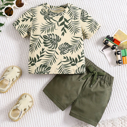 Boys' Tropical Leaf Print Cotton Blend Casual Outfit - Short Sleeve Tee & Drawstring Shorts Set, Machine Washable for Spring/Summer, Perfect for Outdoor