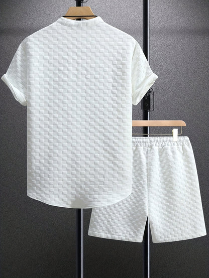 Men'S Casual Summer Short Sleeve Shirt & Shorts Set - Light Blue, Button-Up, Polyester, Perfect for Casual Attire, Parties, and Outdoor Activities, Casual Summer Wear|Short Sleeve Shirt|Polyester Fabri