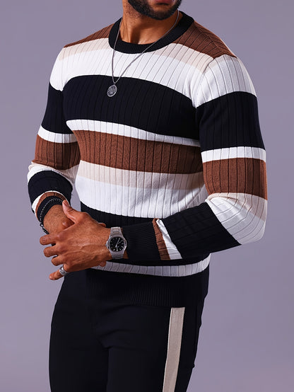 Men's Striped Color-Block Ribbed Knit Sweater - Long Sleeve Round Neck Pullover with Elastic Comfort Fit, Machine Washable Casual Fall Winter Top in Black/White/Green/Beige, Knit Sweater, Medium Elasticity