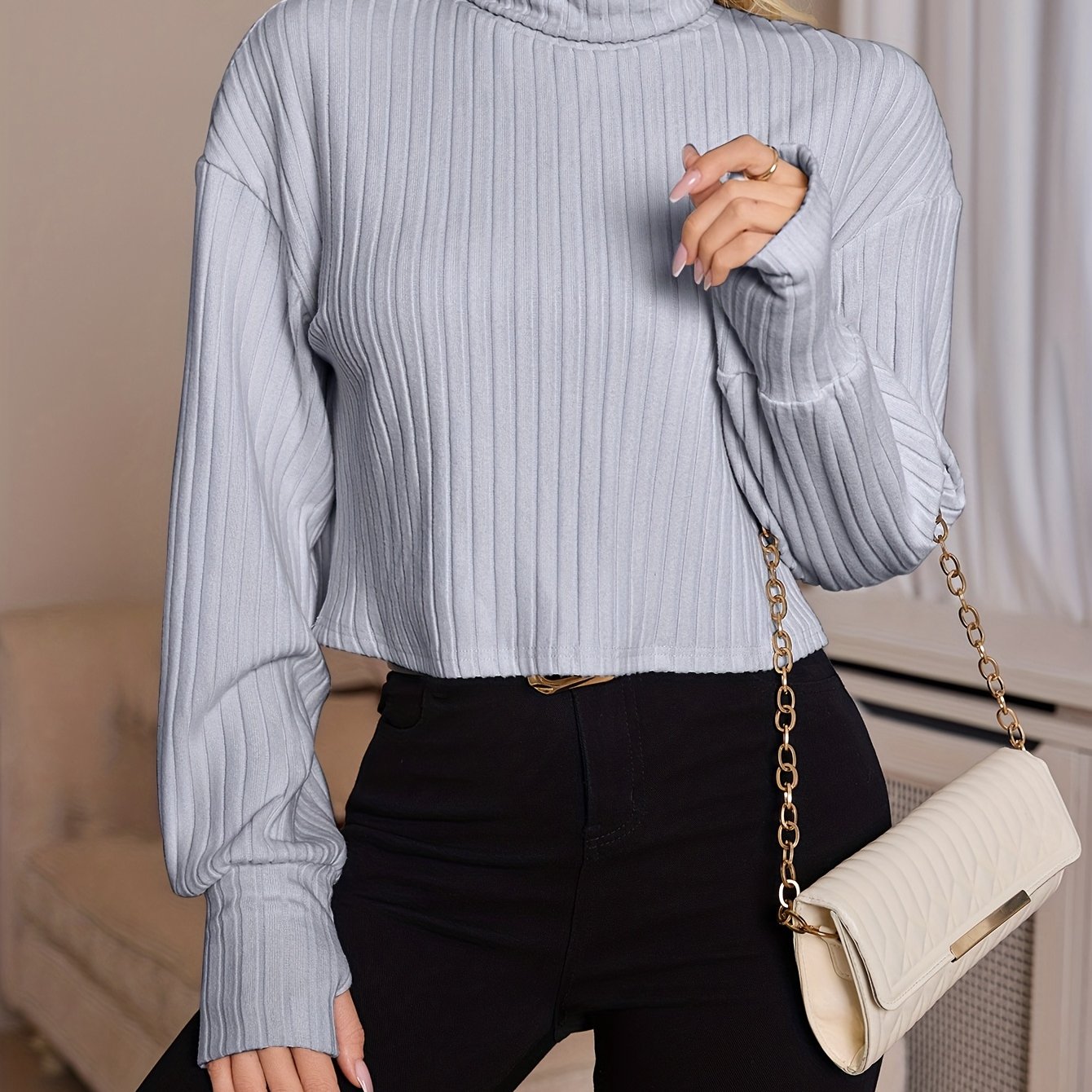 Women'S High Neck Knit Turtleneck T-Shirt, Solid Color Polyester 95% Spandex 5% Blend, Short Length, Fall/Winter Collection, 210g/m² Knit Fabric