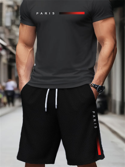 Men'S Summer Sports Workout Set - Crew Neck Short Sleeve T-Shirt & Shorts with "PARIS" Print, Striped Pattern, Knit Fabric, Slight Stretch, Polyester & Spandex Blend, Regular Fit
