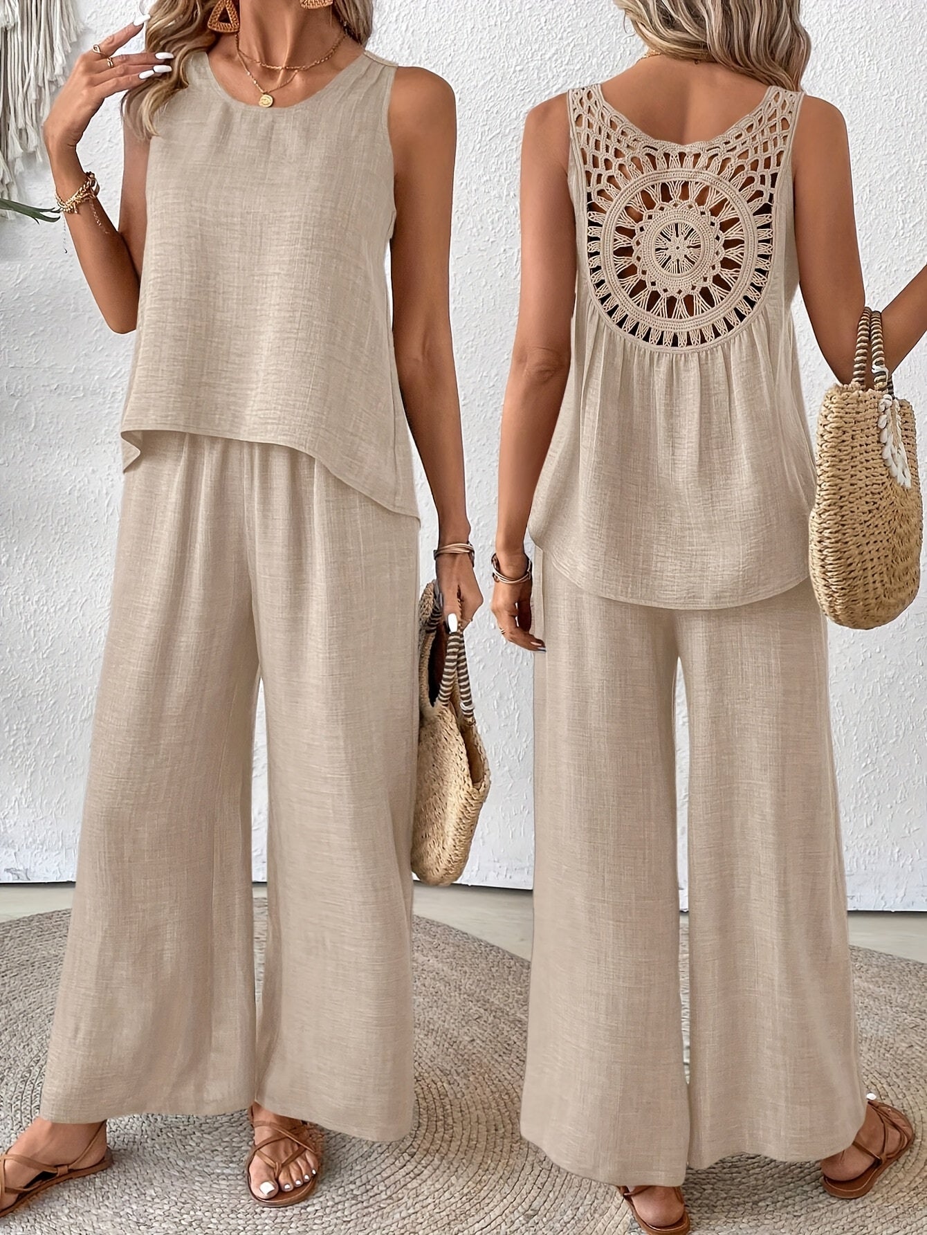 Women'S Summer Backless Cut-Out Panel Tank Top + Wide Leg Pants Set - Casual, Simple, Sleeveless, Polyester, Light Beige, Perfect for Spring/Summer, Casual Attire|Backless Top|Polyester Fabri
