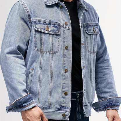 Men's Stylish Denim Jacket - Casual Long Sleeve with Flap Pockets, Machine Washable