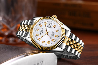 DEDIMA Elegant Stainless Steel Band Calendar Watch, Quartz Movement, Round Dial with Rhinestones, Battery-Powered, Non-Rechargeable Button Battery, Regular Cleaning, for Men, Women, Students, Christmas, Valentine'S Day, Thank