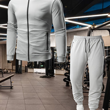 Men's Casual Sportswear Set: Spring/Autumn Stand Collar Jacket, Drawstring Elastic Waist Pants Two-Piece Set with Fashion Print, Men's Top and Bottom Outfit for Running Loungewear, Zipper Pocket Design