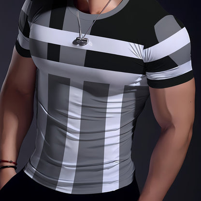 Striped Patchwork Design Pattern Print, Men'S Sports Fashion, Geometric Print High Elasticity Tight Fit Short Sleeved Round Neck T-Shirt, Summer Fitness, Training And Fitness Wear Quick Drying Sports Top with Coolness