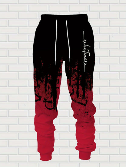 Men's Casual Hoodie & Sweatpants Set - Black & Red Contrast, Letter Print Design, Comfort Fit for Spring/Fall