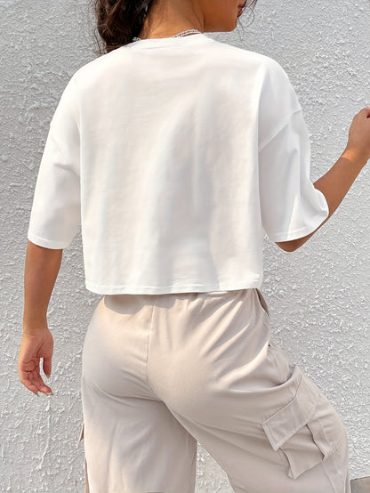 Women's Red Crop Top T-Shirt - Casual Short Sleeve, Loose Fit, Solid Color, Polyester, Machine Washable, Round Neck - Perfect for Summer
