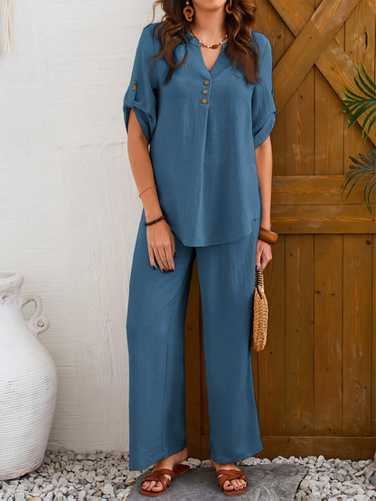 Women'S Large Size Elegant Wide Leg Pants Short Sleeve Top Set with Fake Buttons, YUKIWI