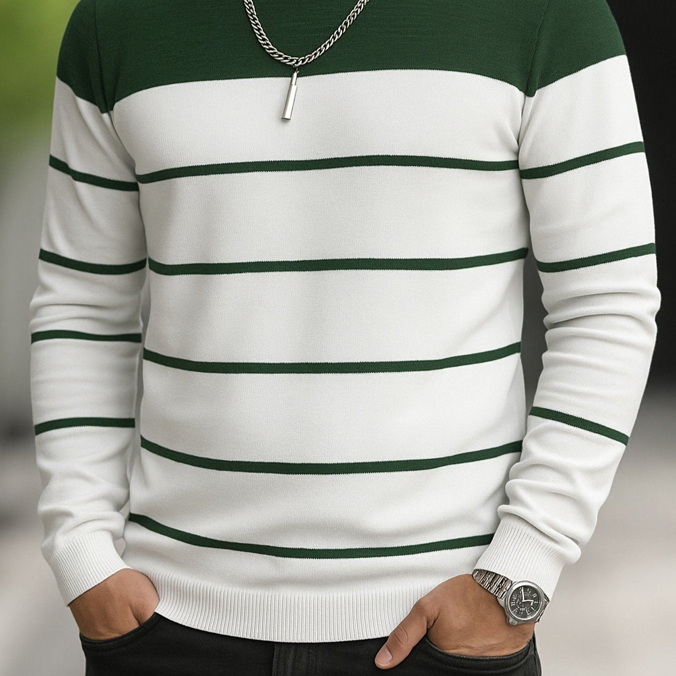 Men's Slim-Fit Striped Knit Sweater - All-Season Business Casual & Casual Attire, Navy Blue/White Horizontal Stripes with Contrast Trim, Round Neck Long Sleeve Pullover, Multi-Color Options (Black/Beige/Light Brown/Navy) - Co