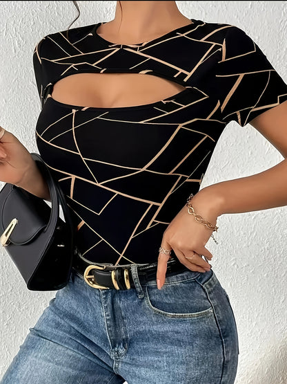 Women's Casual Geometric Diamond Pattern Off-Shoulder T-Shirt - Black & Golden Contrast, Lightweight Breathable Fabric, Machine Washable Spring Summer Tops, Ladies T-shirts, Trendy Outfit, Elegant Neckline, Contrast Detailing