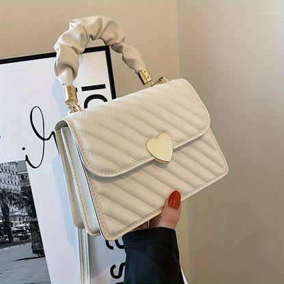 Women'S Fashion Shoulder Bag, Korean Version, Faux Leather, Quilted Solid Color, Heart Accent, Removable Strap, Magnetic Closure, Synthetic Faux Leather Lining, Painted Edges, Versatile Crossbody Purse - Available in Black, R
