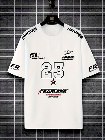 A Men'S Racing Icon #23 3D Print Short-Sleeve T-Shirt - Casual Streetwear, Breathable Sportswear, Round Neck, Summer Fashion Top, Unique Letter Print Design, Made of 100% Polyester, Slightly Stretchy Knitted Fabric, Suitable